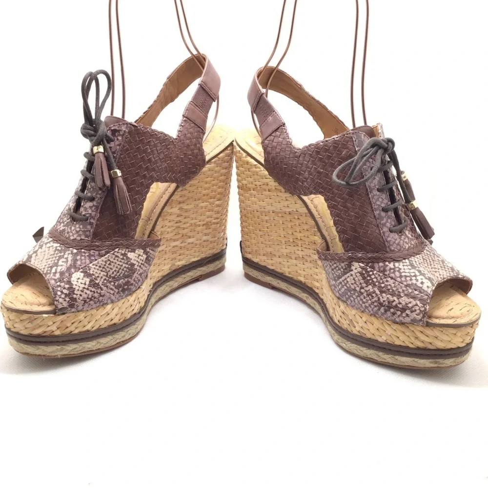 Sam Edelman Tinely Brown Snake Print Lace Up Platform Wedge Sandal Size 10M